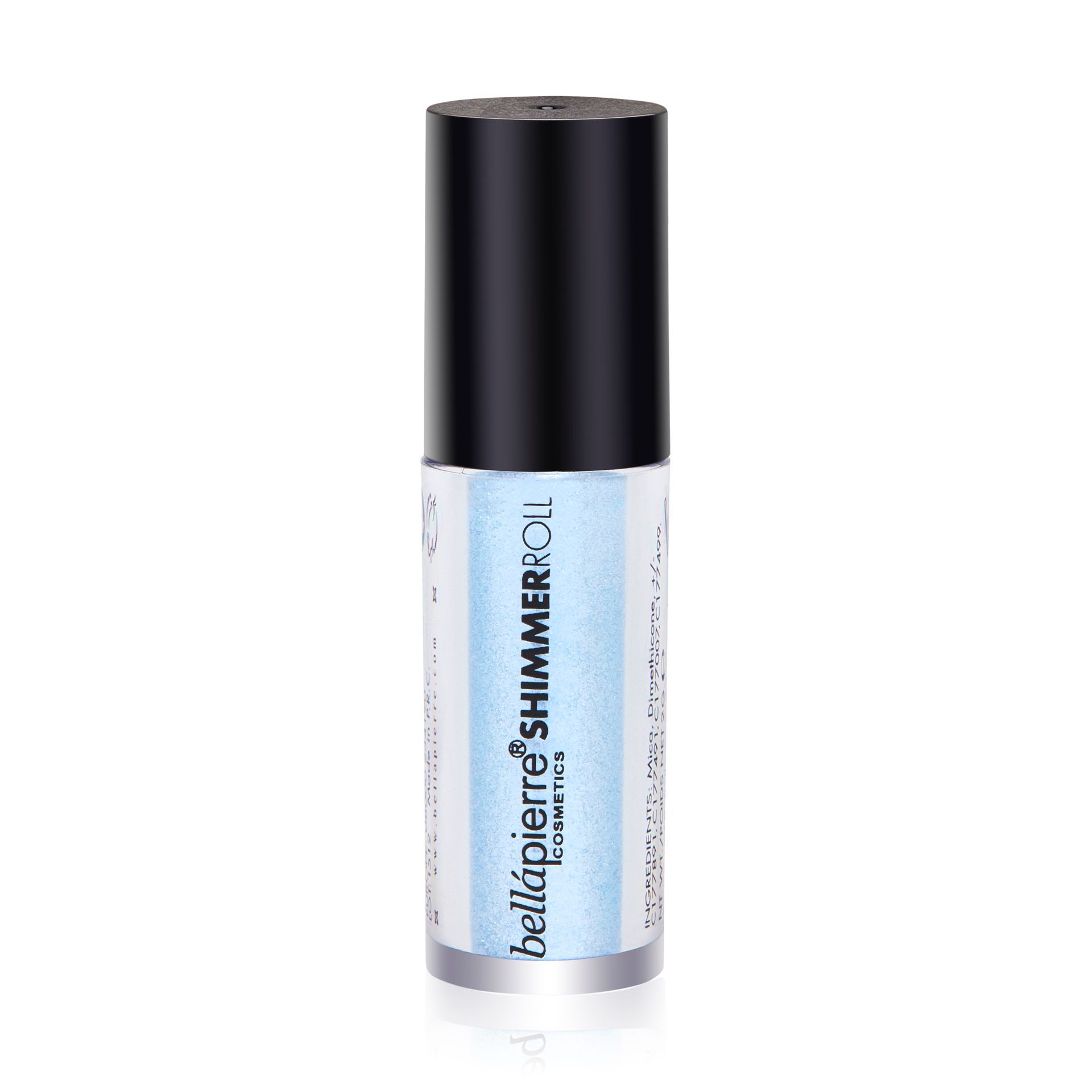 A bottle of bellapierre shimmer oil in light blue