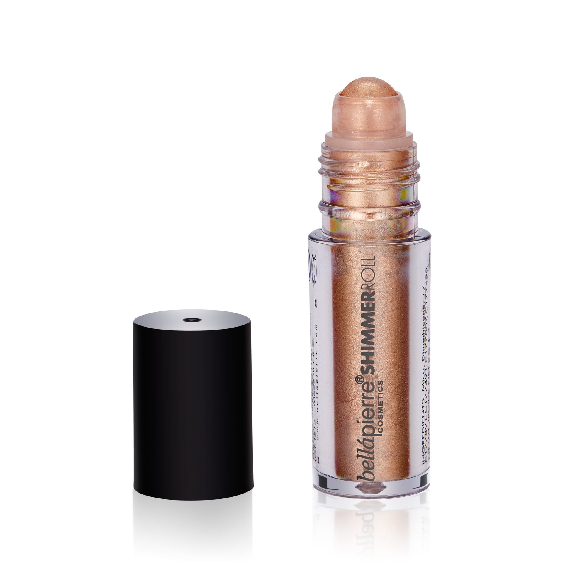 A bottle of shimmer oil with a black cap