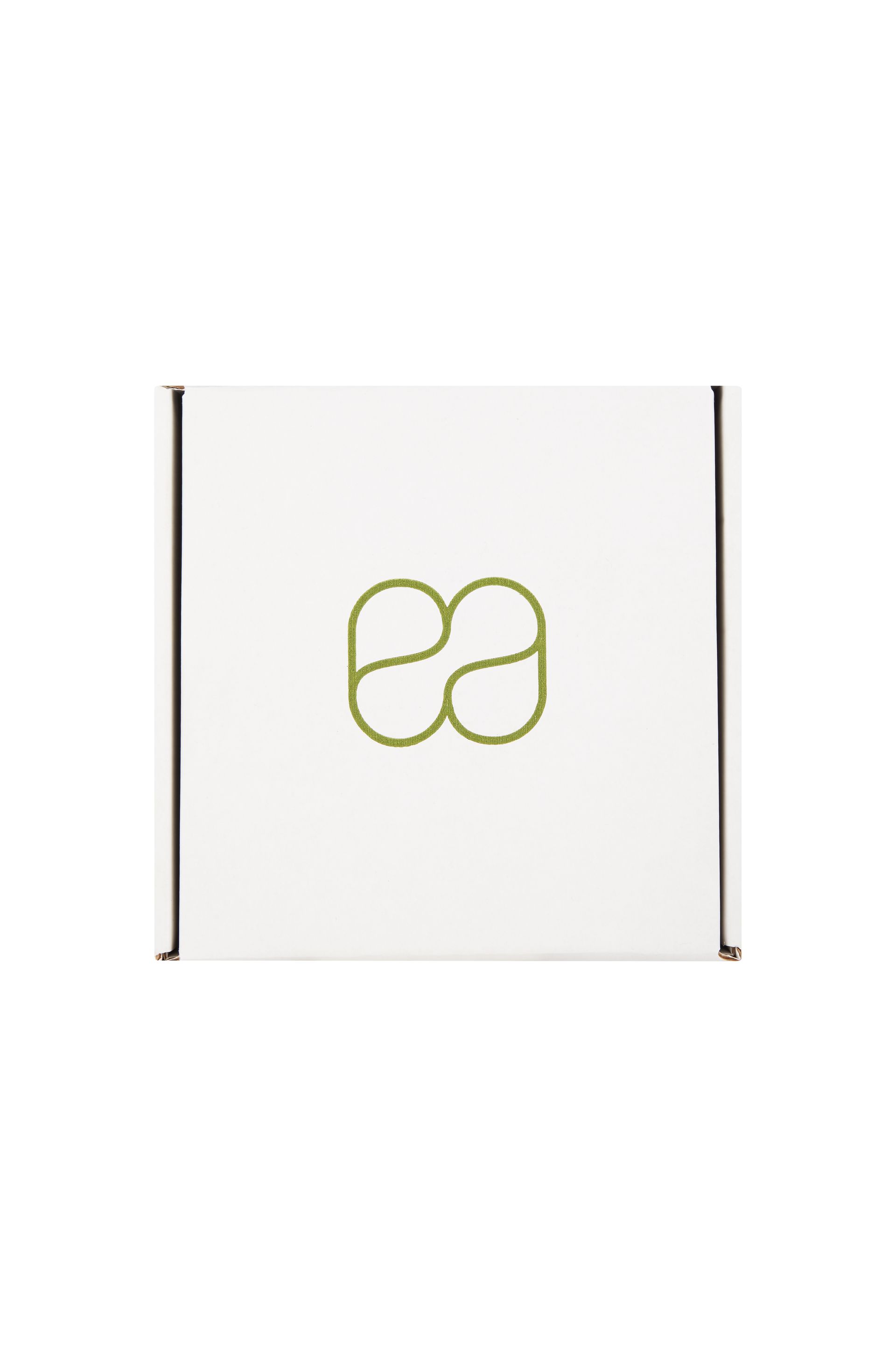 A white box with a green logo on it.