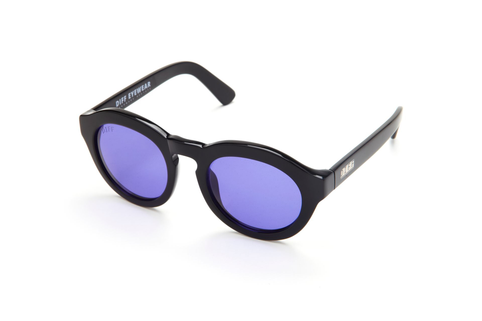 A pair of black sunglasses with purple lenses on a white background.