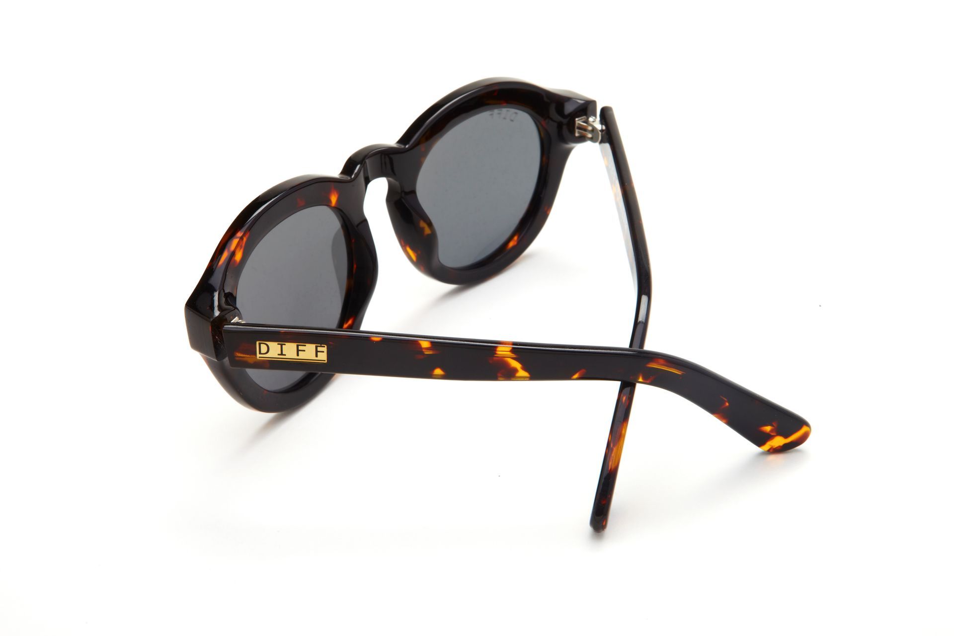 A pair of round sunglasses with a tortoiseshell frame on a white background.