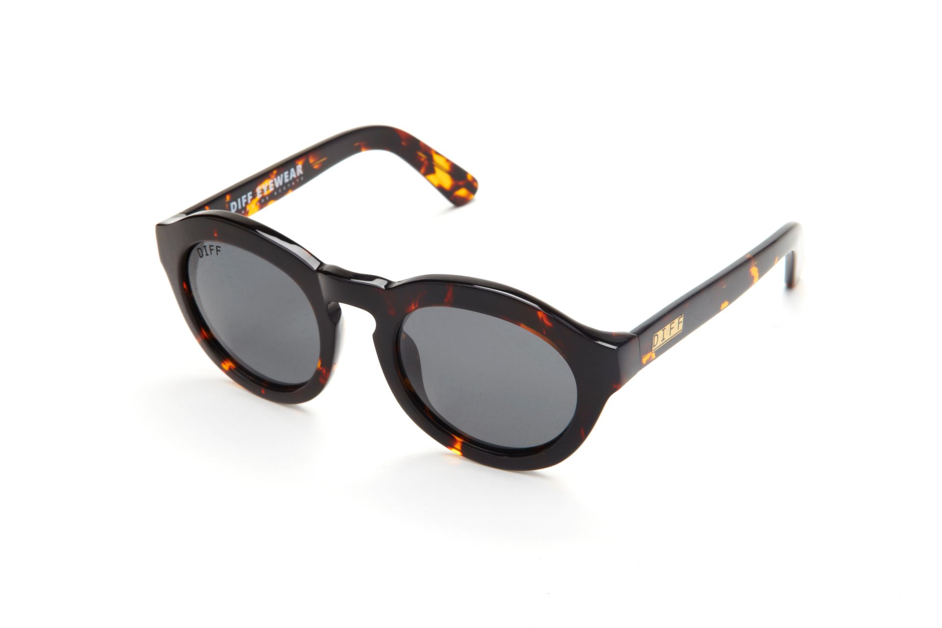 A pair of round sunglasses with black lenses on a white background.