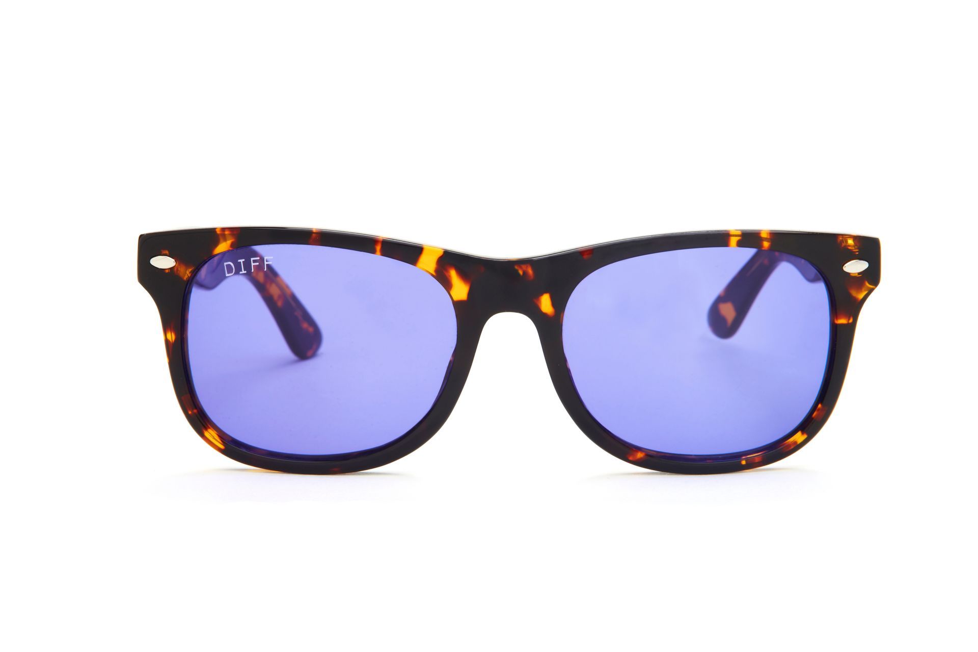 A pair of sunglasses with purple lenses on a white background.
