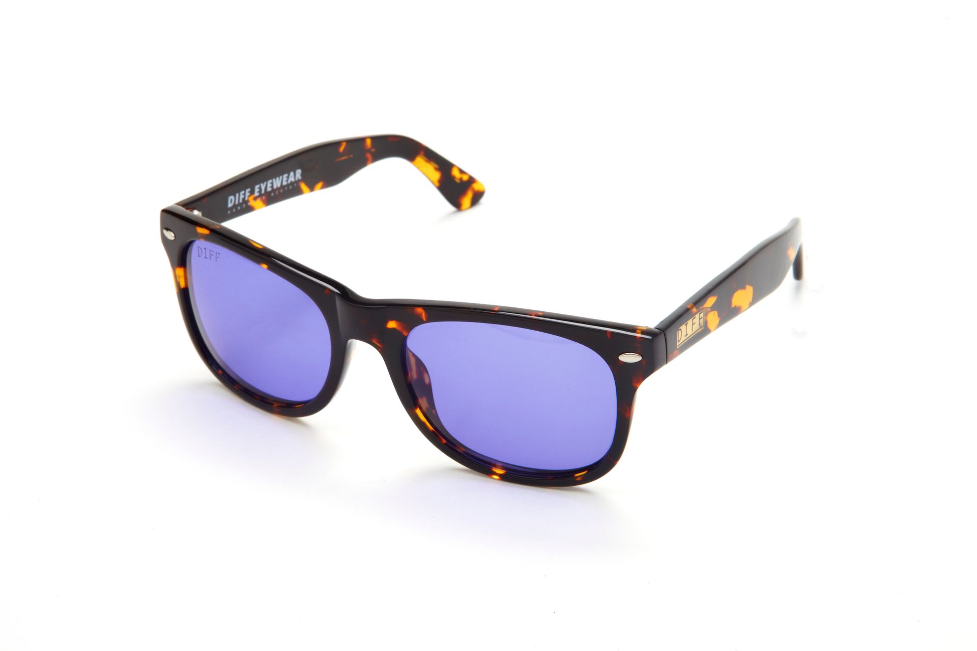 A pair of sunglasses with purple lenses on a white background.