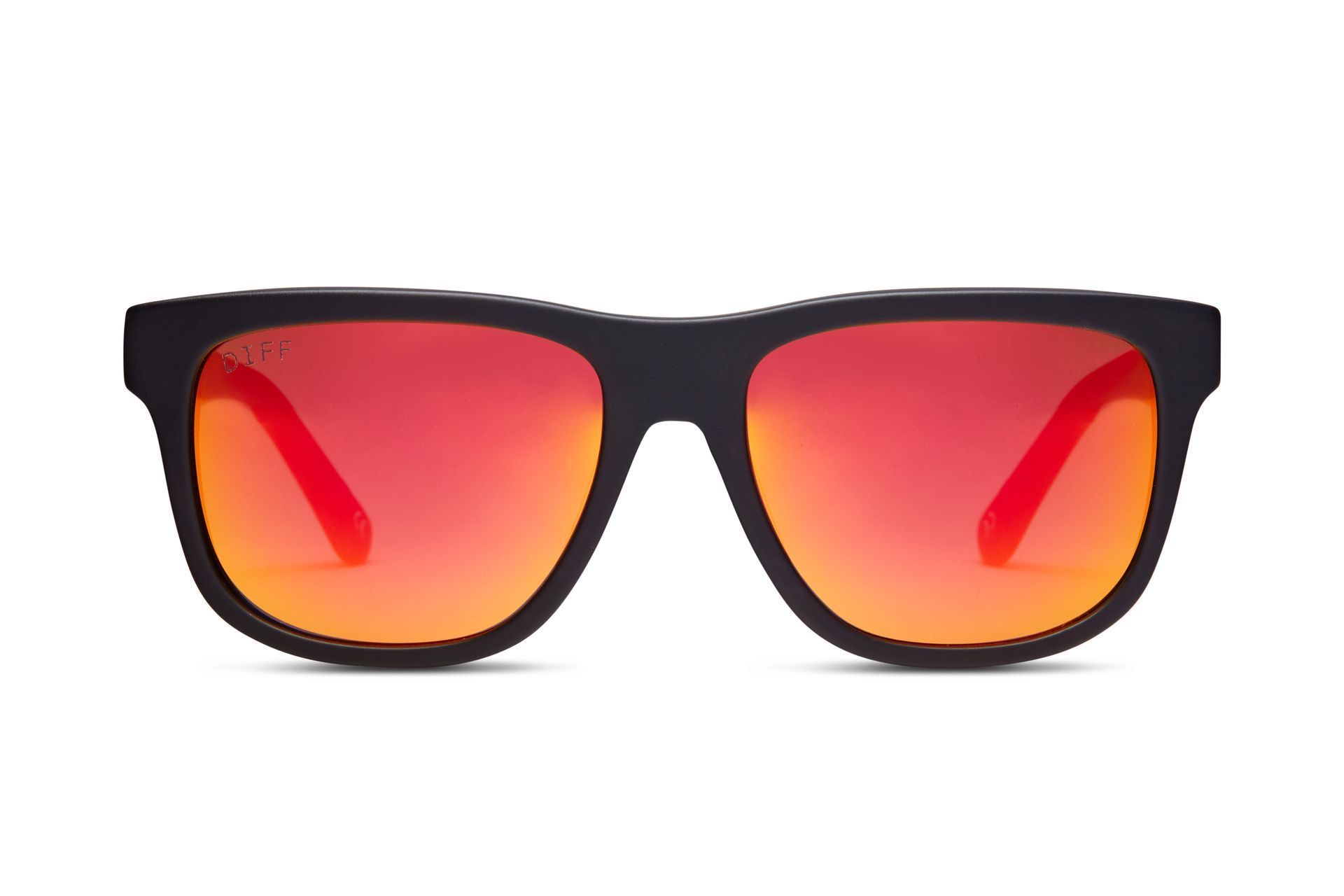A pair of sunglasses with red lenses on a white background.