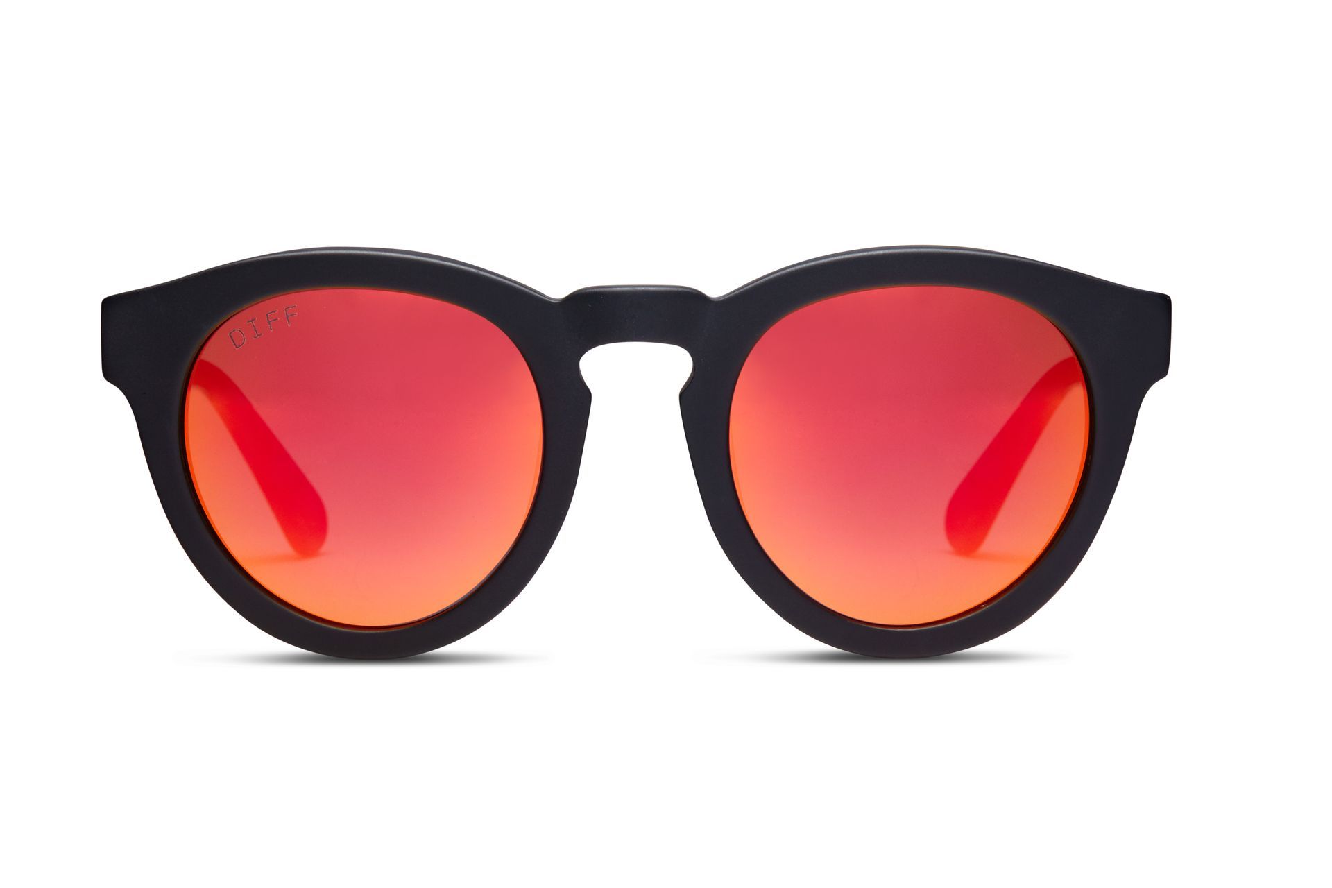 A pair of sunglasses with red lenses on a white background