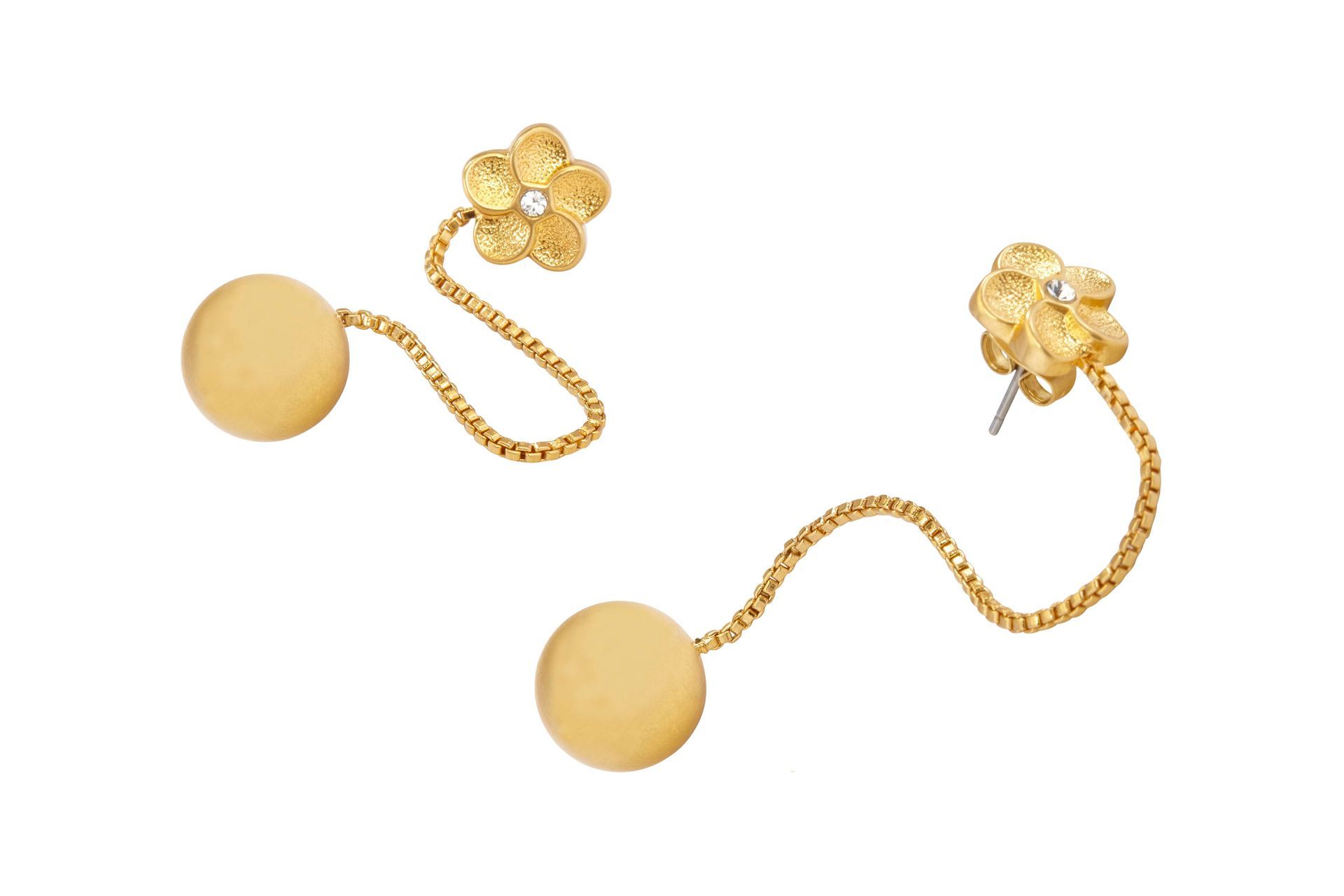 A pair of gold earrings with a flower on a chain
