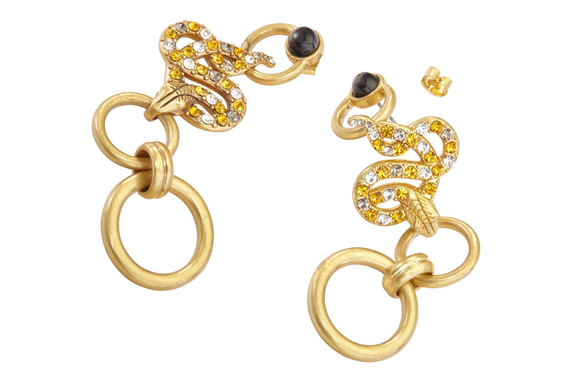 A pair of gold earrings with a snake design on them