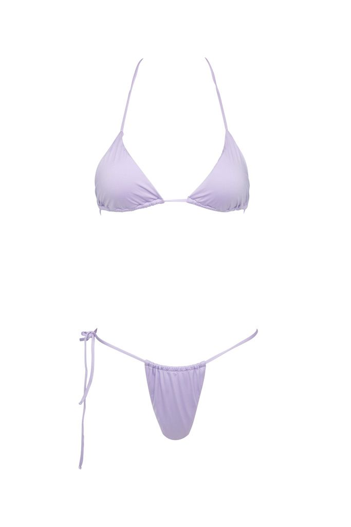 A purple bikini top and bottom on a white background.