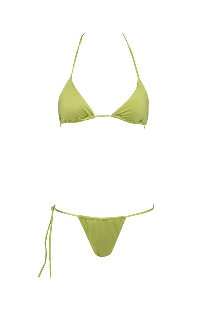 A green bikini top and a green thong on a white background.