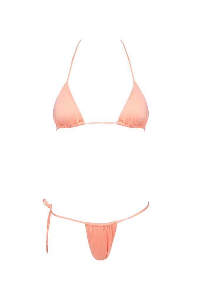 A pink bikini top and a pink thong on a white background.