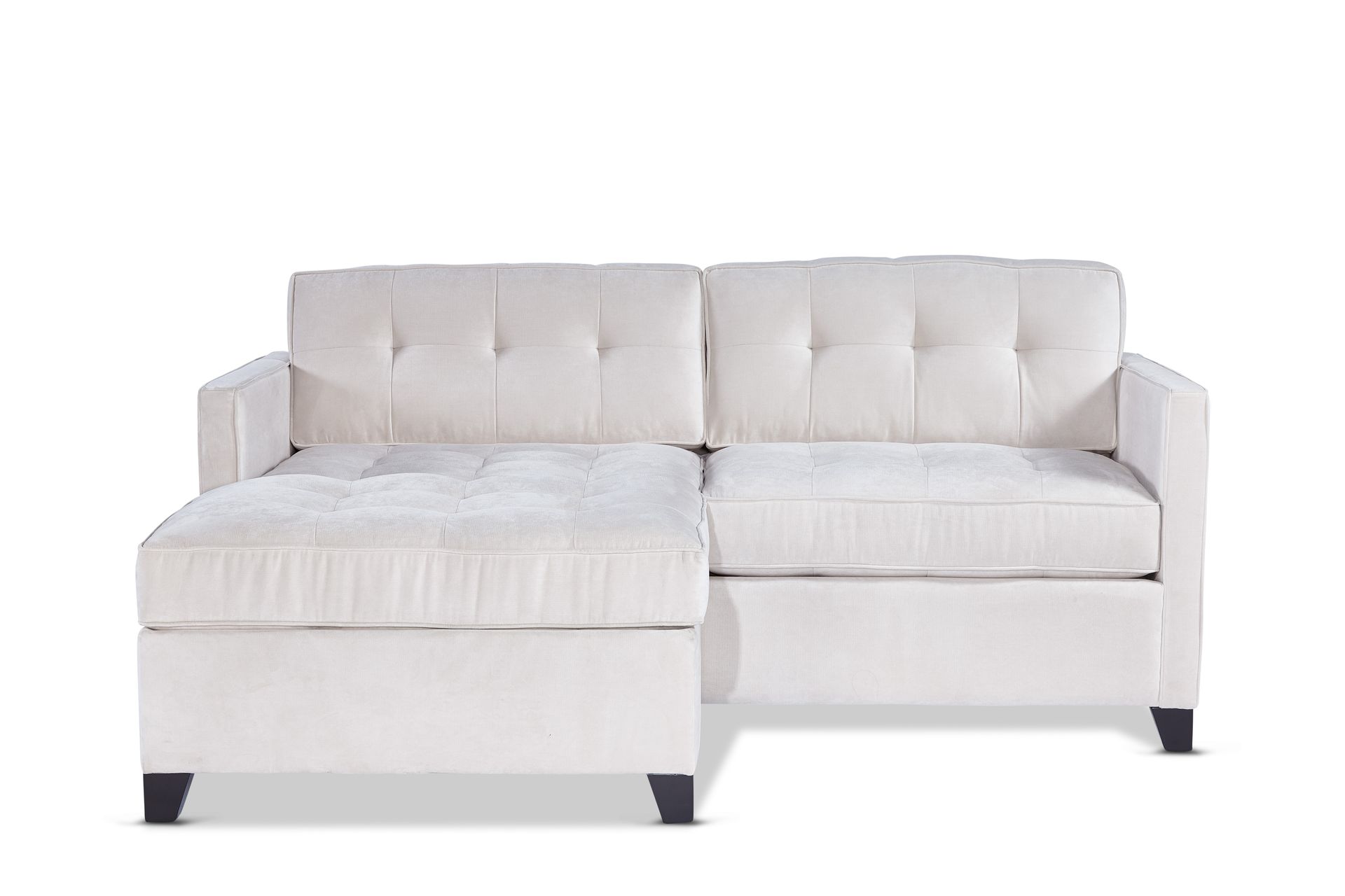 A white sectional couch with a chaise lounge on a white background.