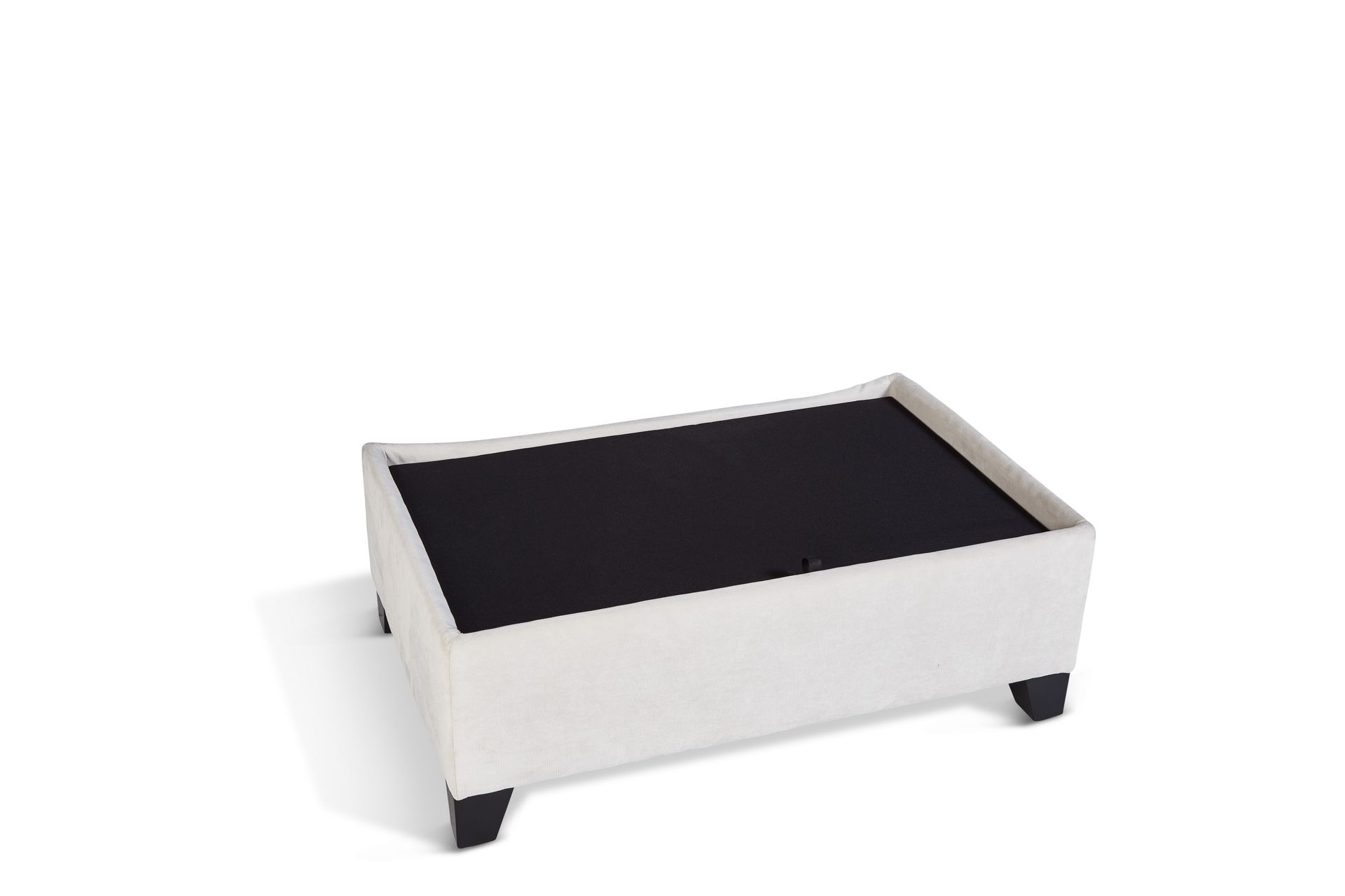 A white ottoman with a black top and black legs