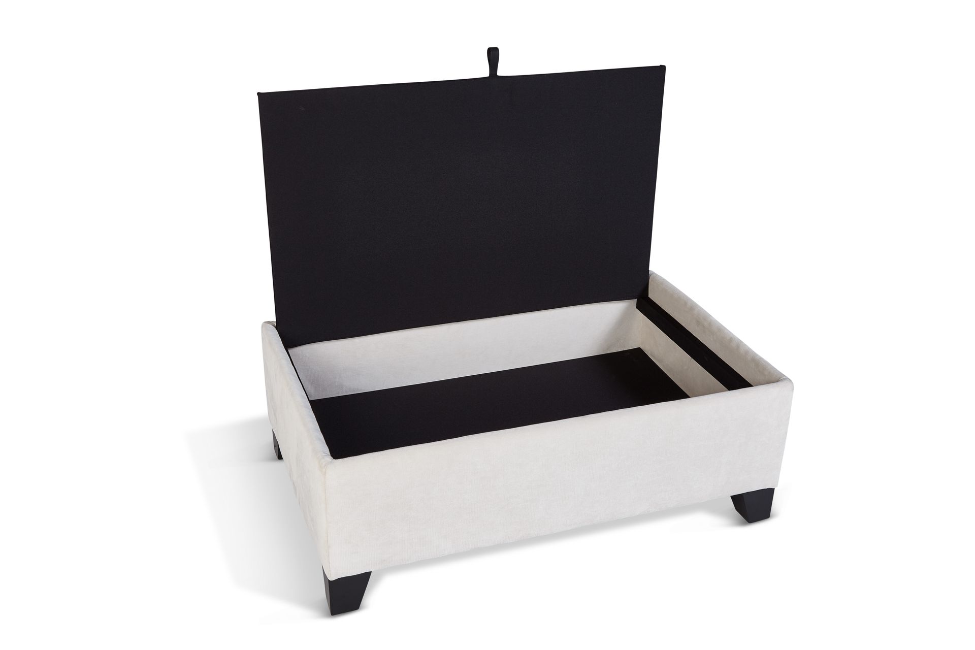 A white and black ottoman with the lid open