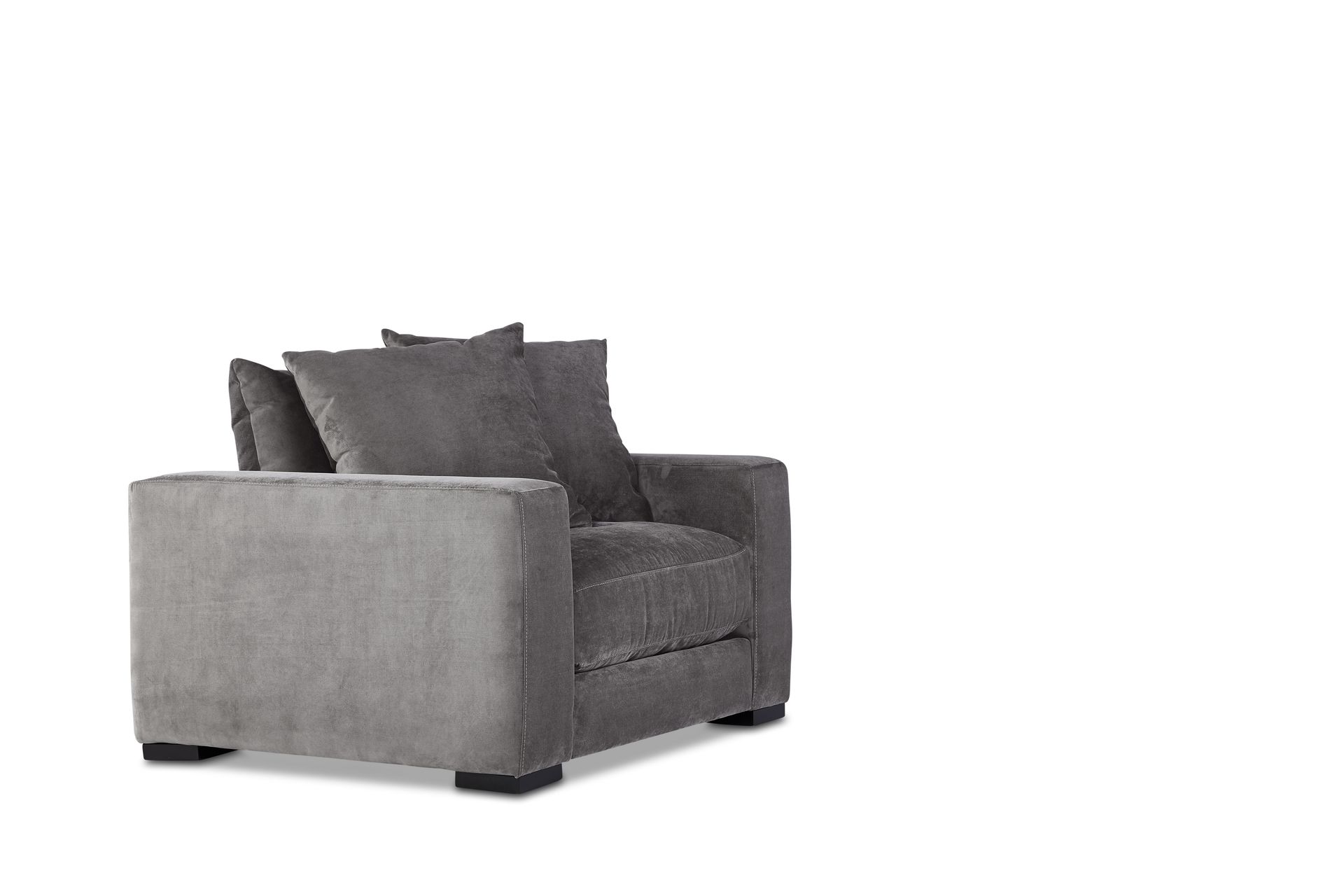 A grey chair with two pillows on it on a white background.