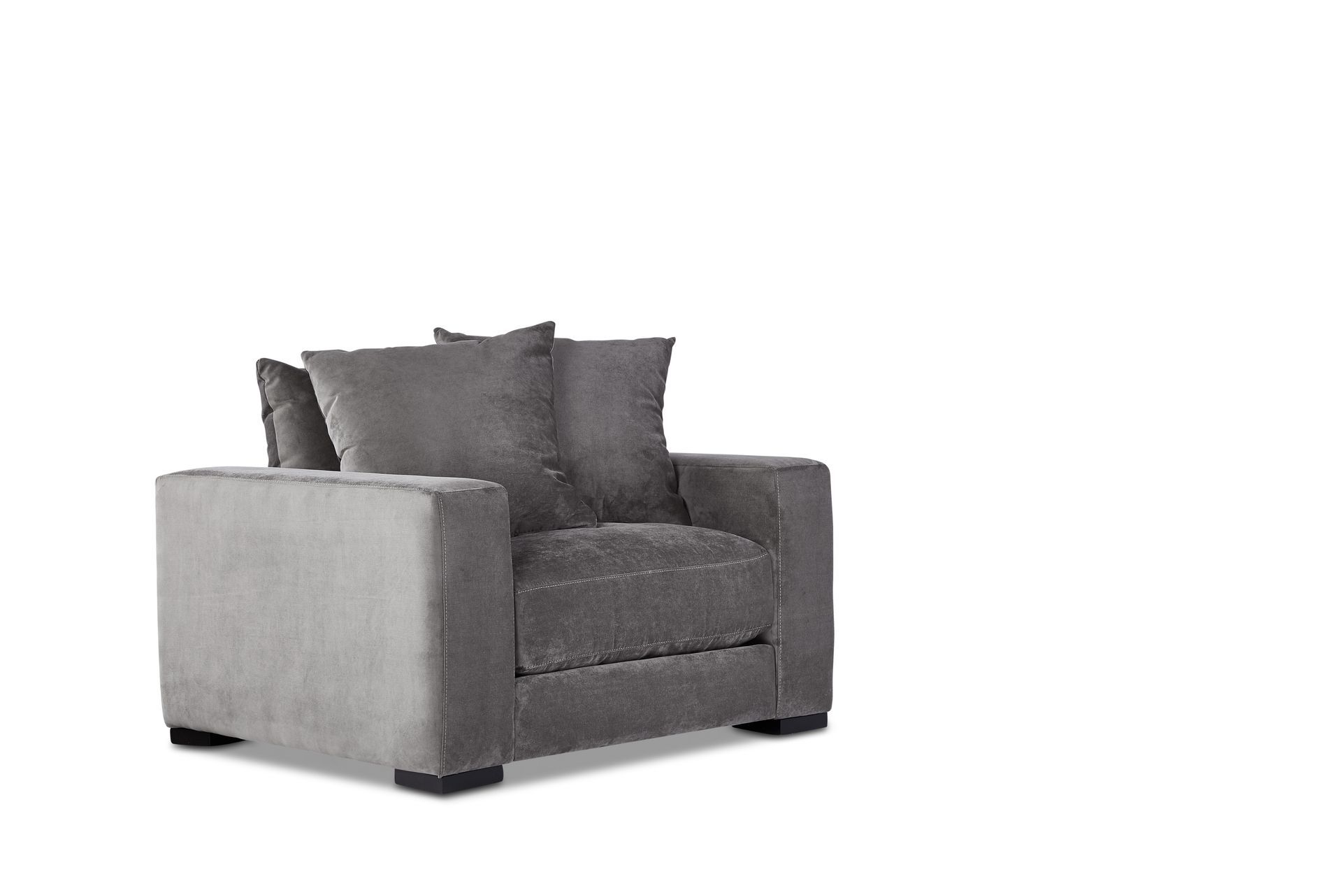 A grey chair with two pillows on it on a white background.