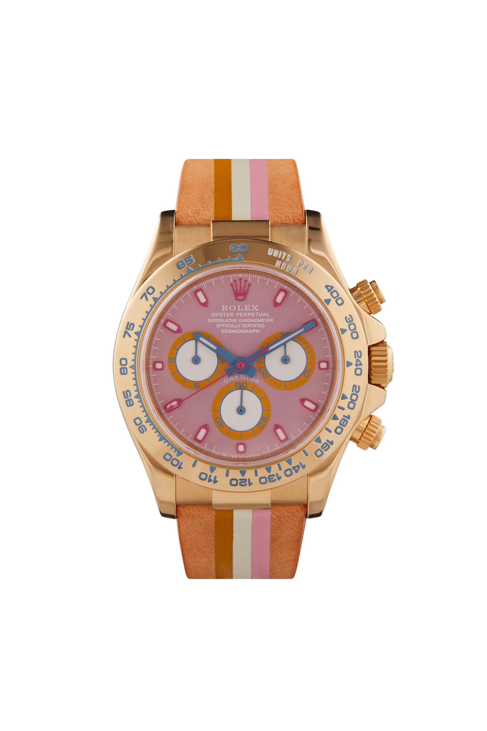 A rolex watch with a pink face and a striped band