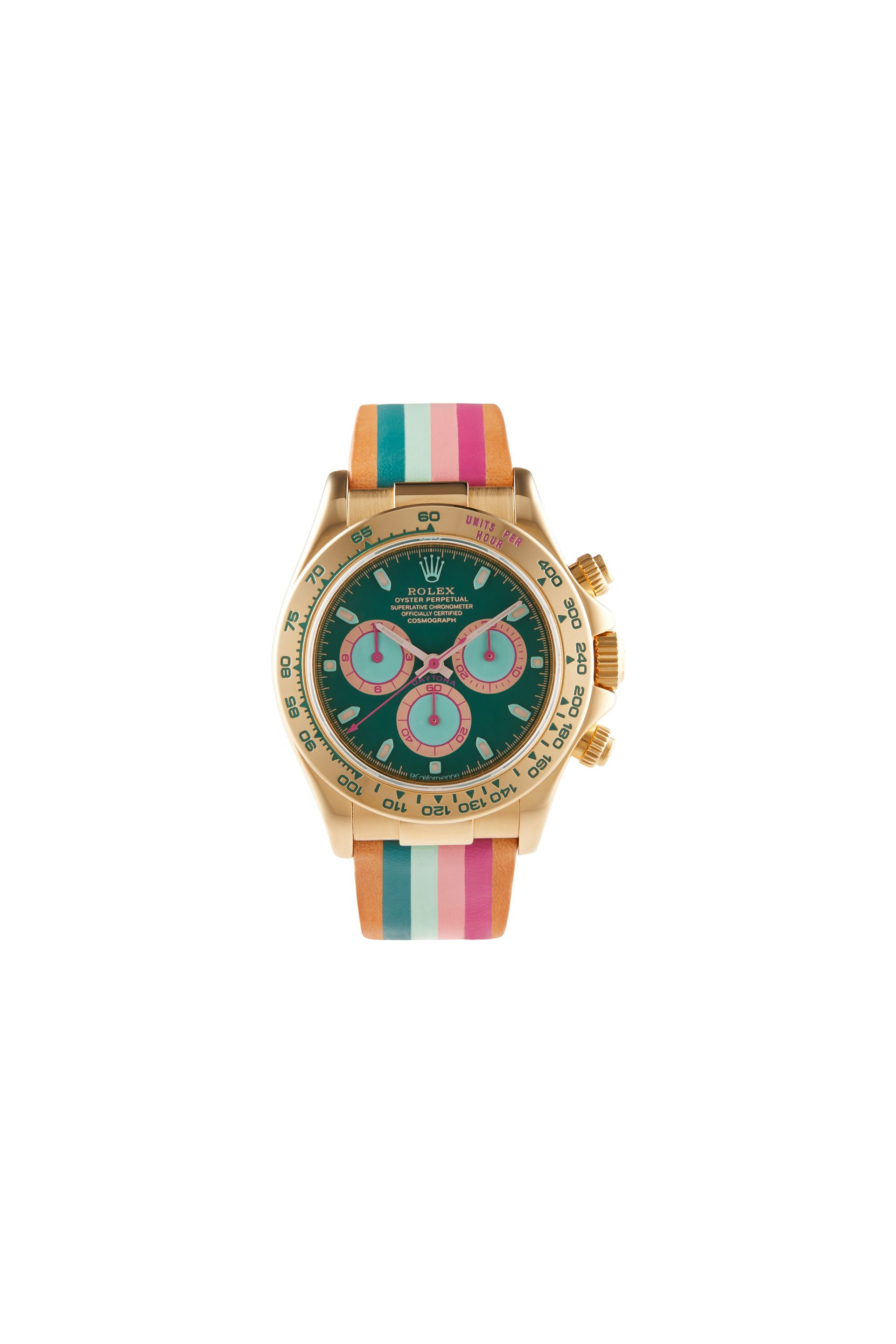 A gold watch with a colorful strap on a white background.