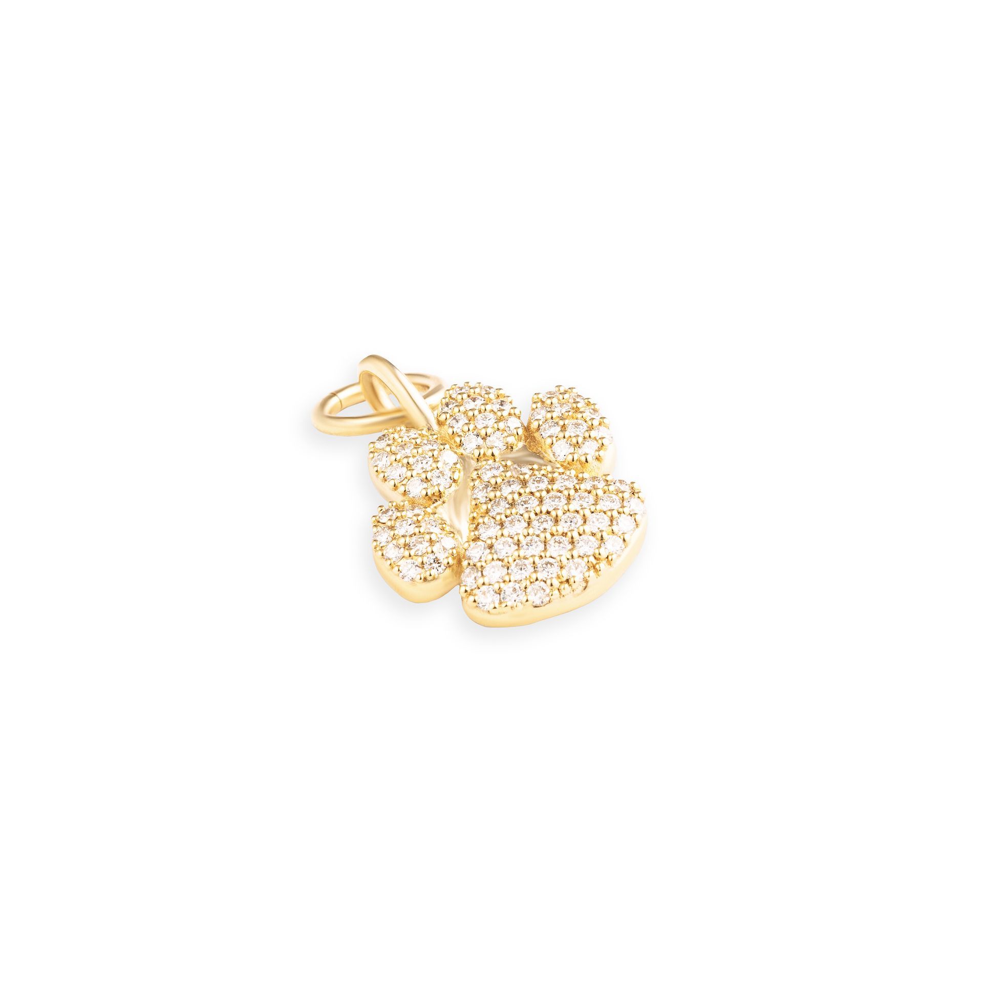 A gold pendant in the shape of a paw print with diamonds on a white background.