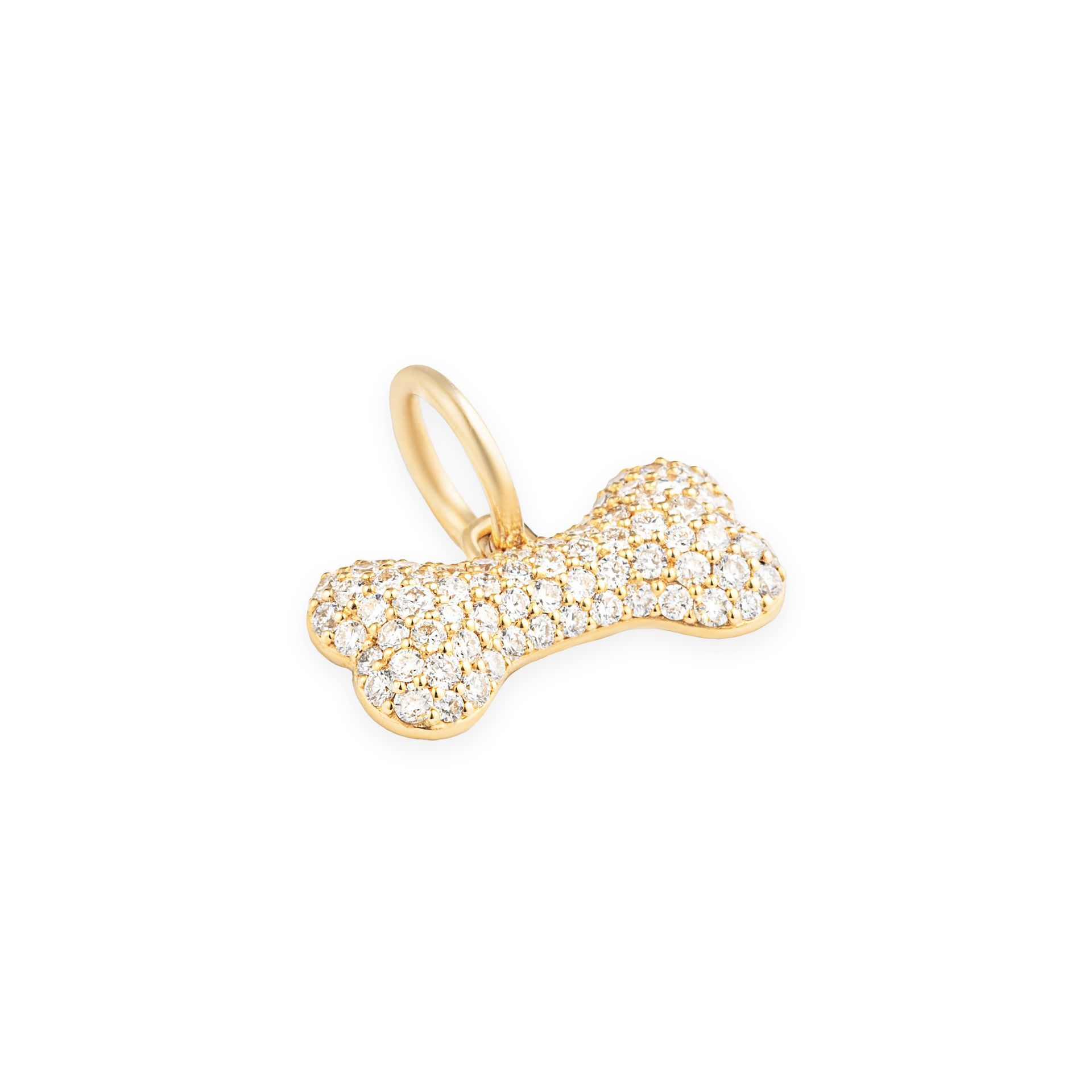 A gold dog bone shaped pendant with diamonds on a white background.