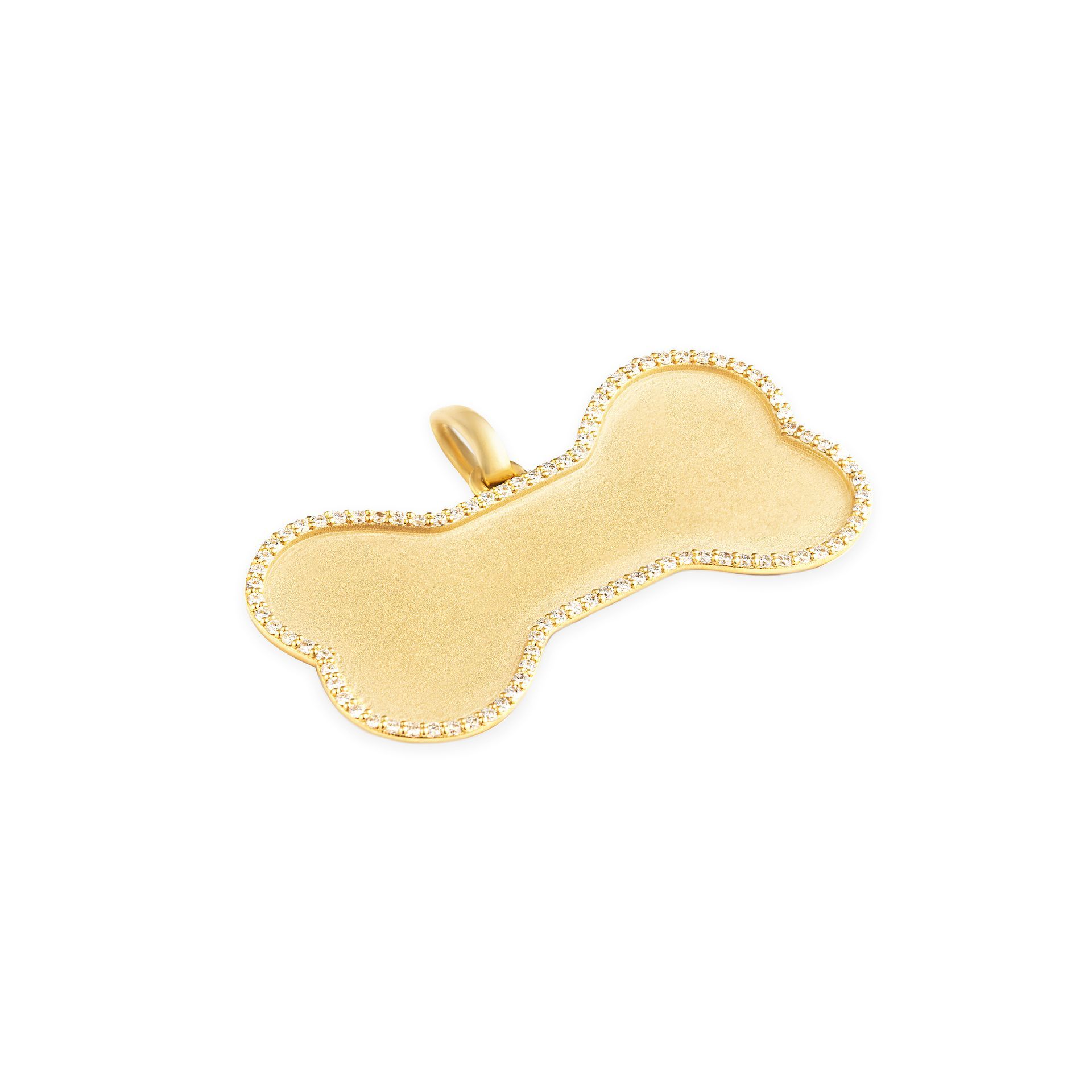 A gold pendant in the shape of a dog bone on a white background.