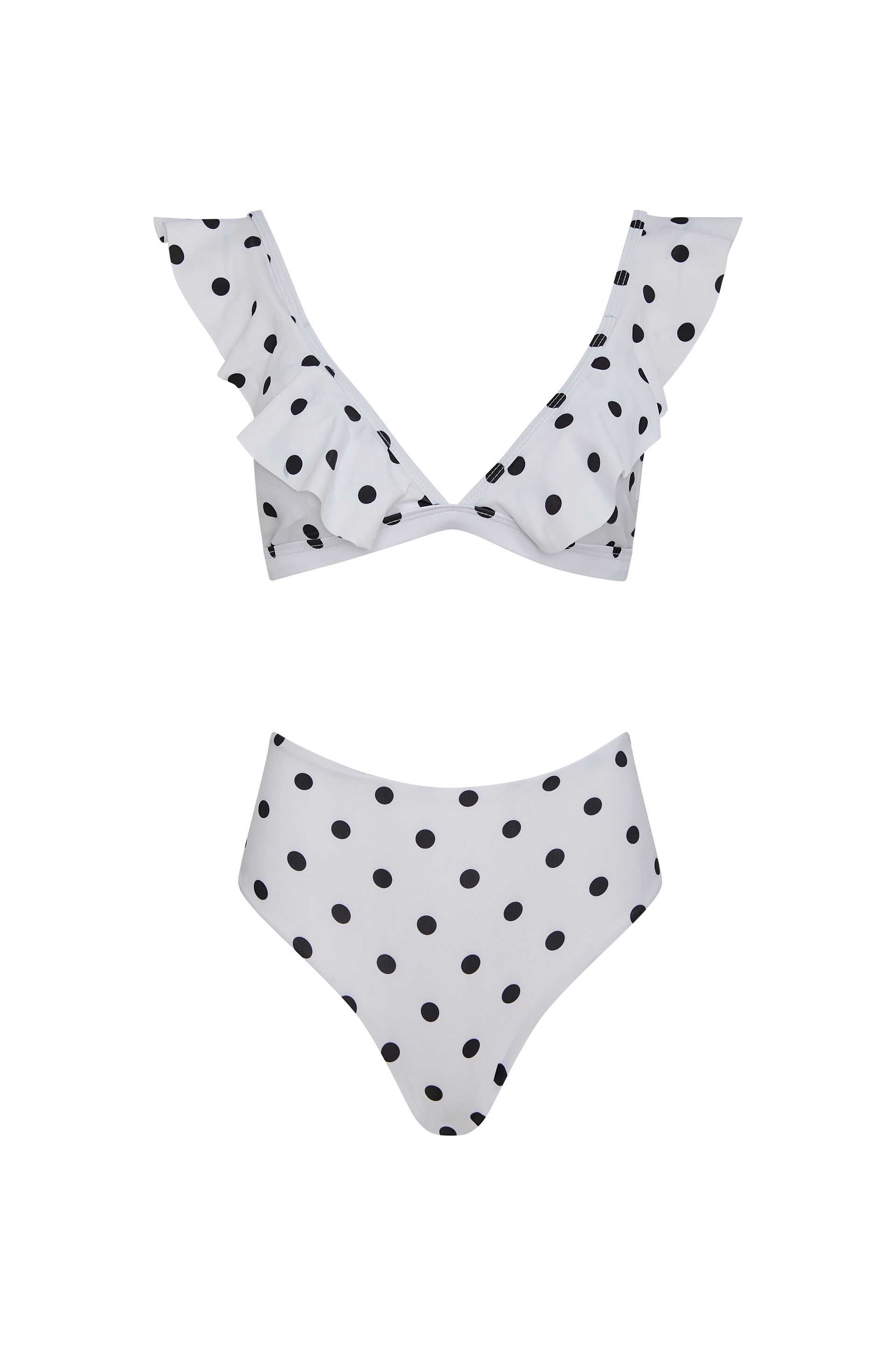 A white bikini with black polka dots on it