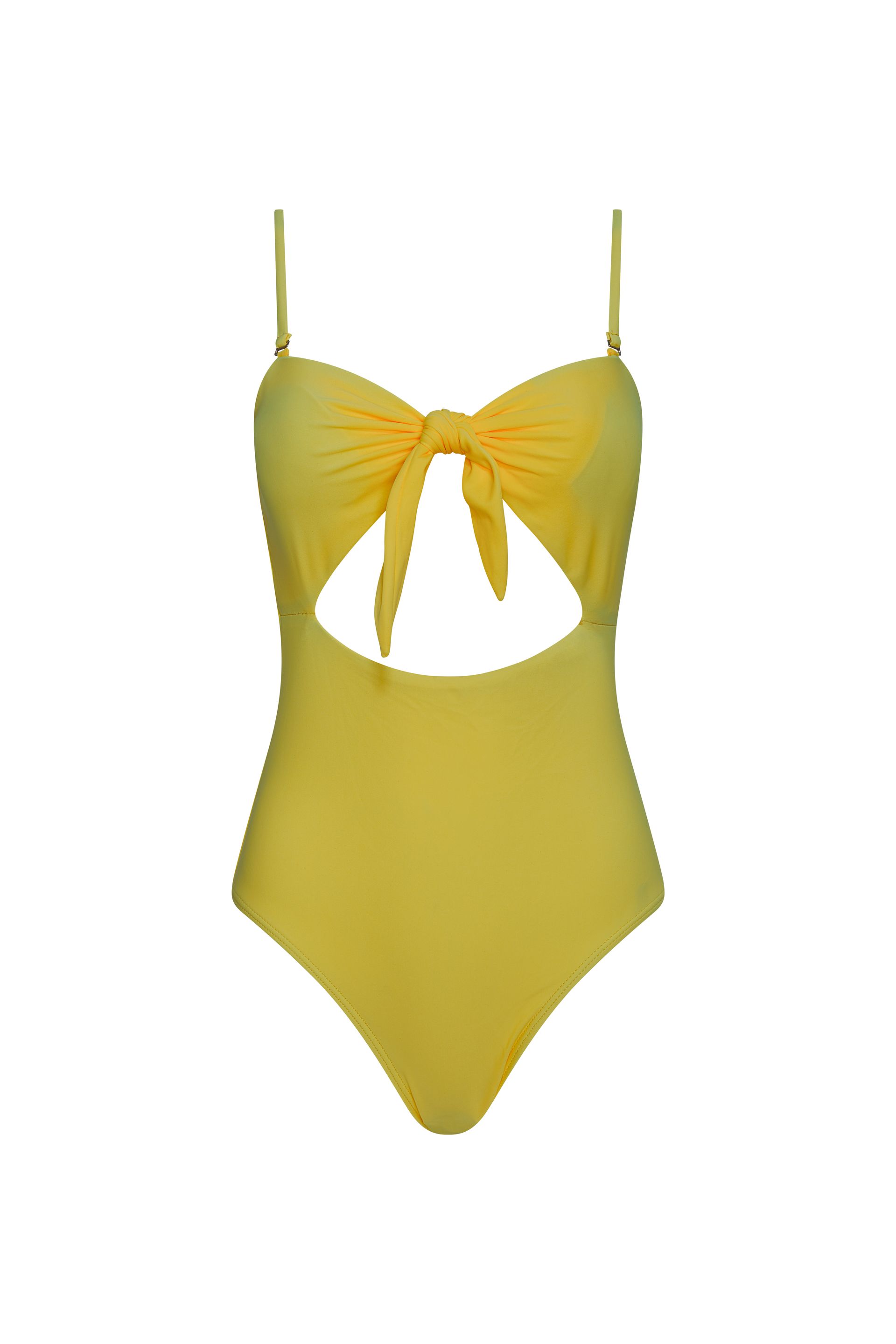 A yellow swimsuit with a bow on the front is on a white background.