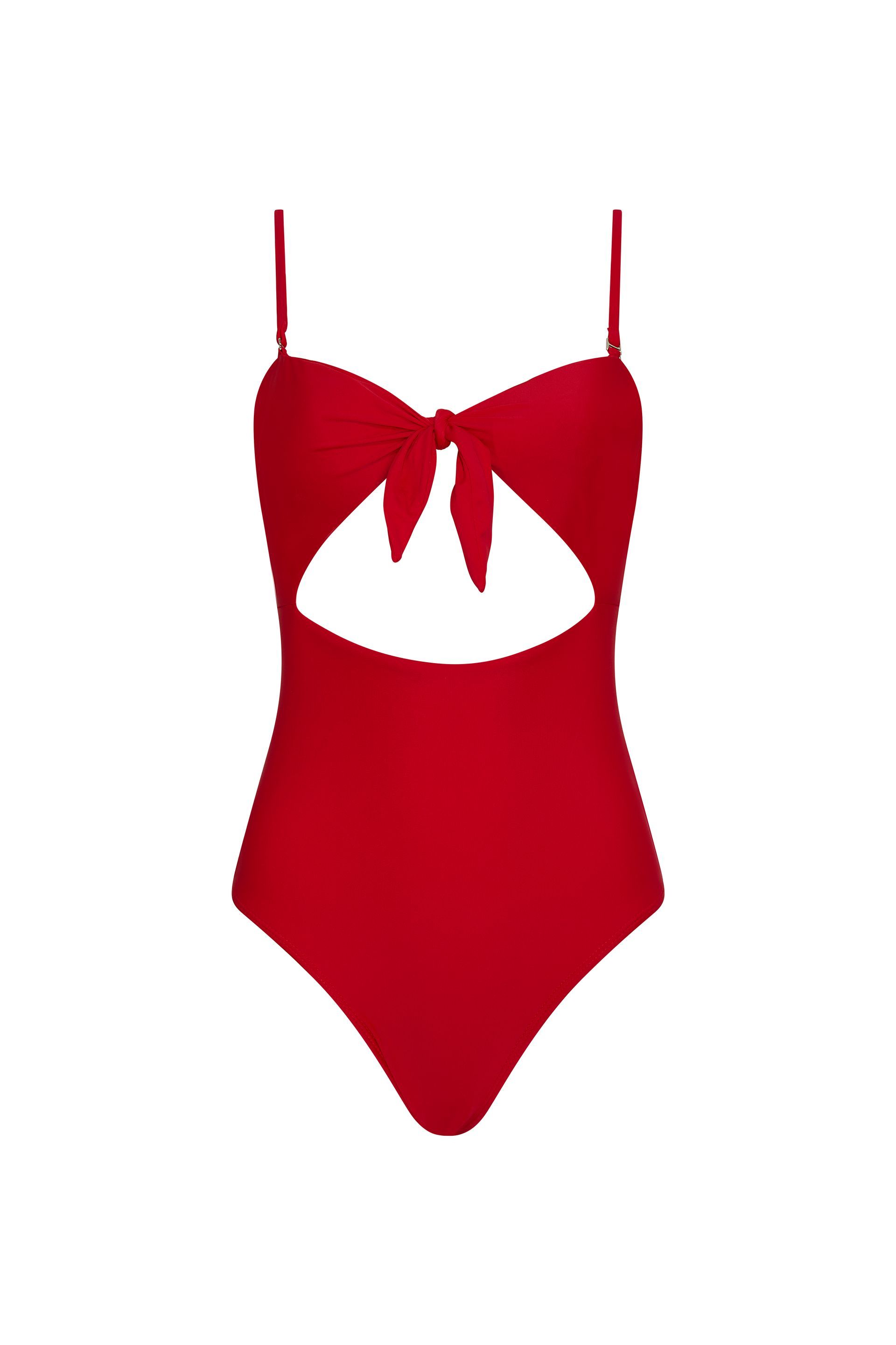 A red swimsuit with a cut out in the middle on a white background.