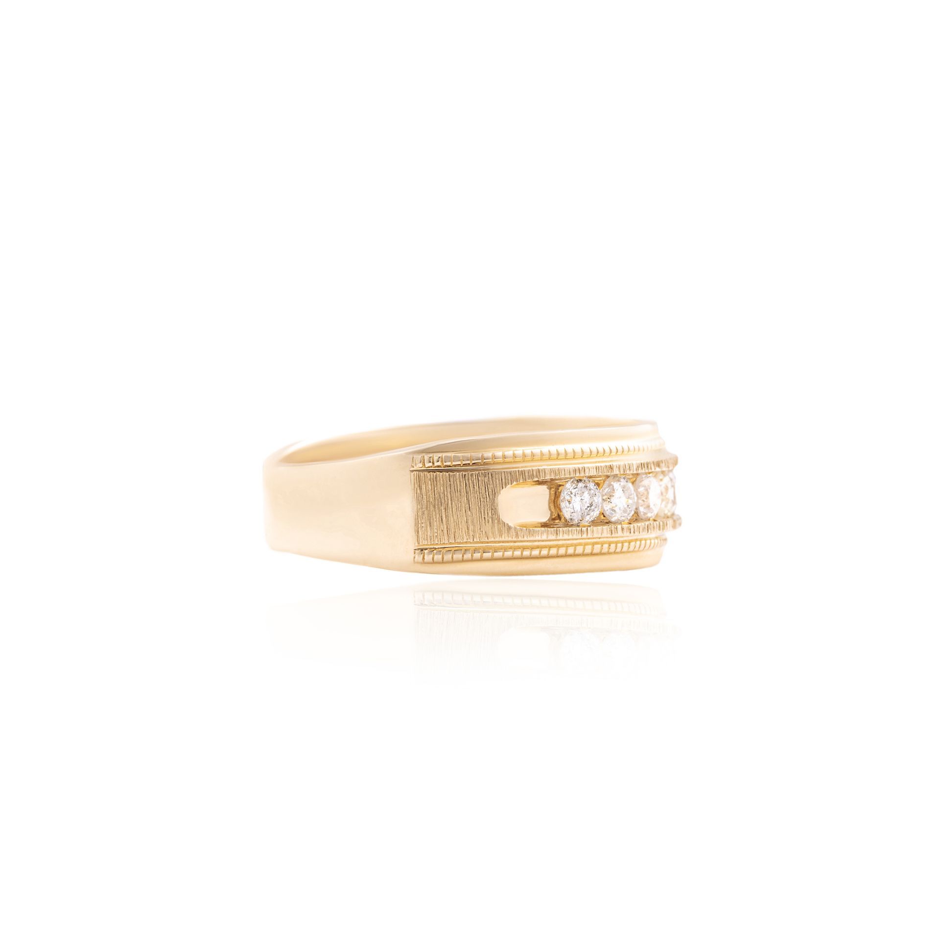 A gold ring with diamonds on a white background.