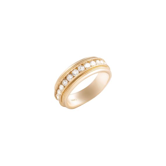 A gold ring with diamonds on a white background