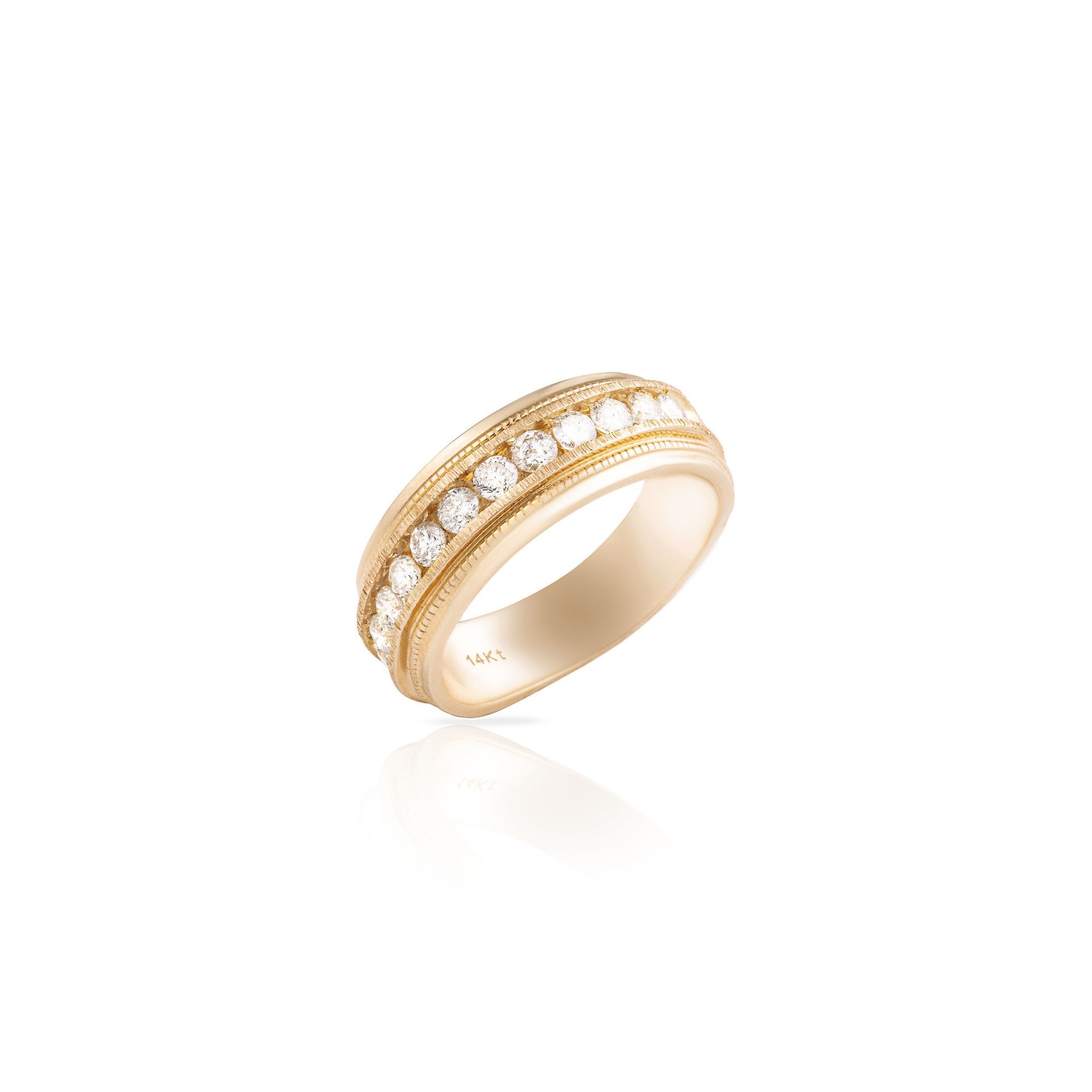 A gold ring with diamonds on a white background