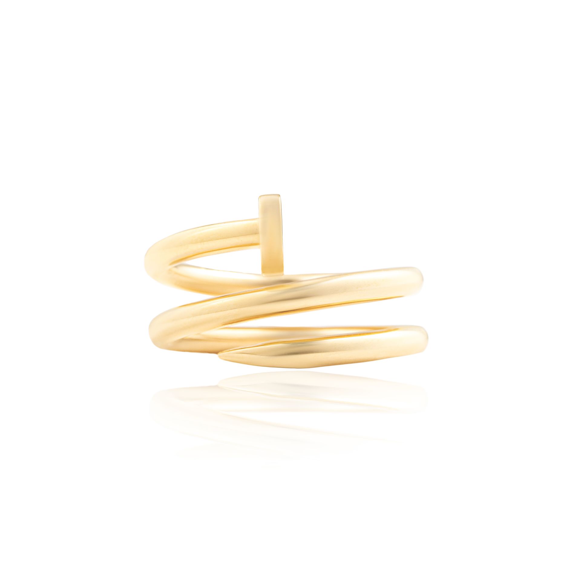 A gold ring with a spiral design on a white background.