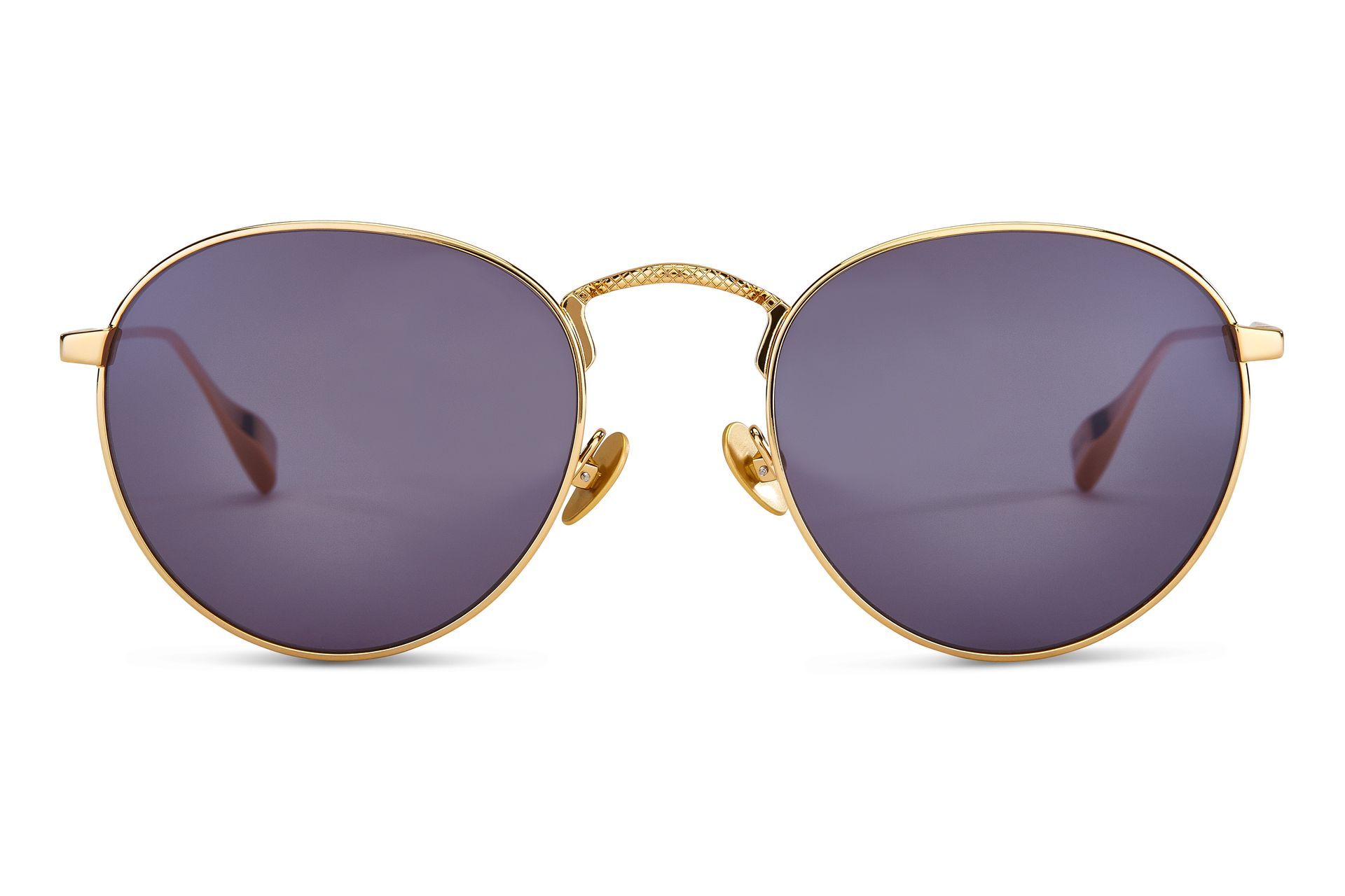 Gold-rimmed round sunglasses with gray lenses.