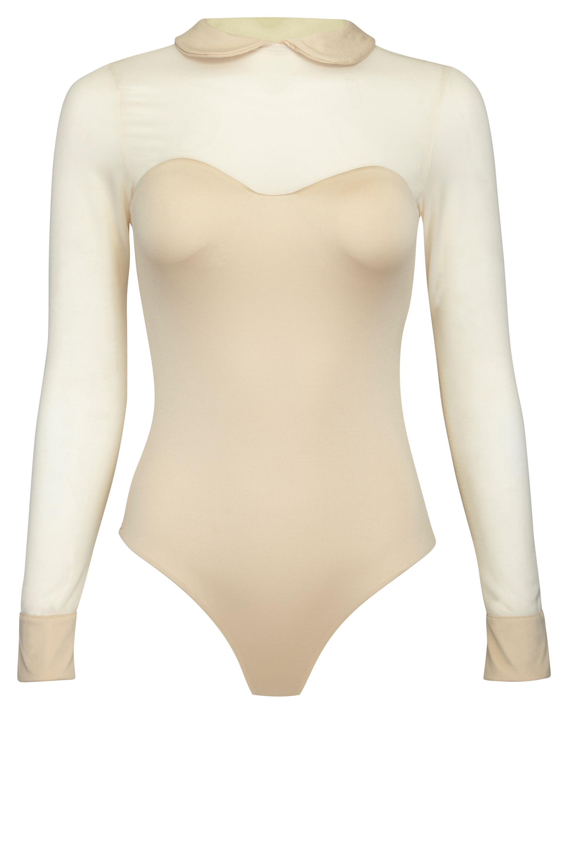A beige bodysuit with long sleeves and a collar