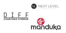 The logos for diff charitable eyewear and manduka are shown on a white background.