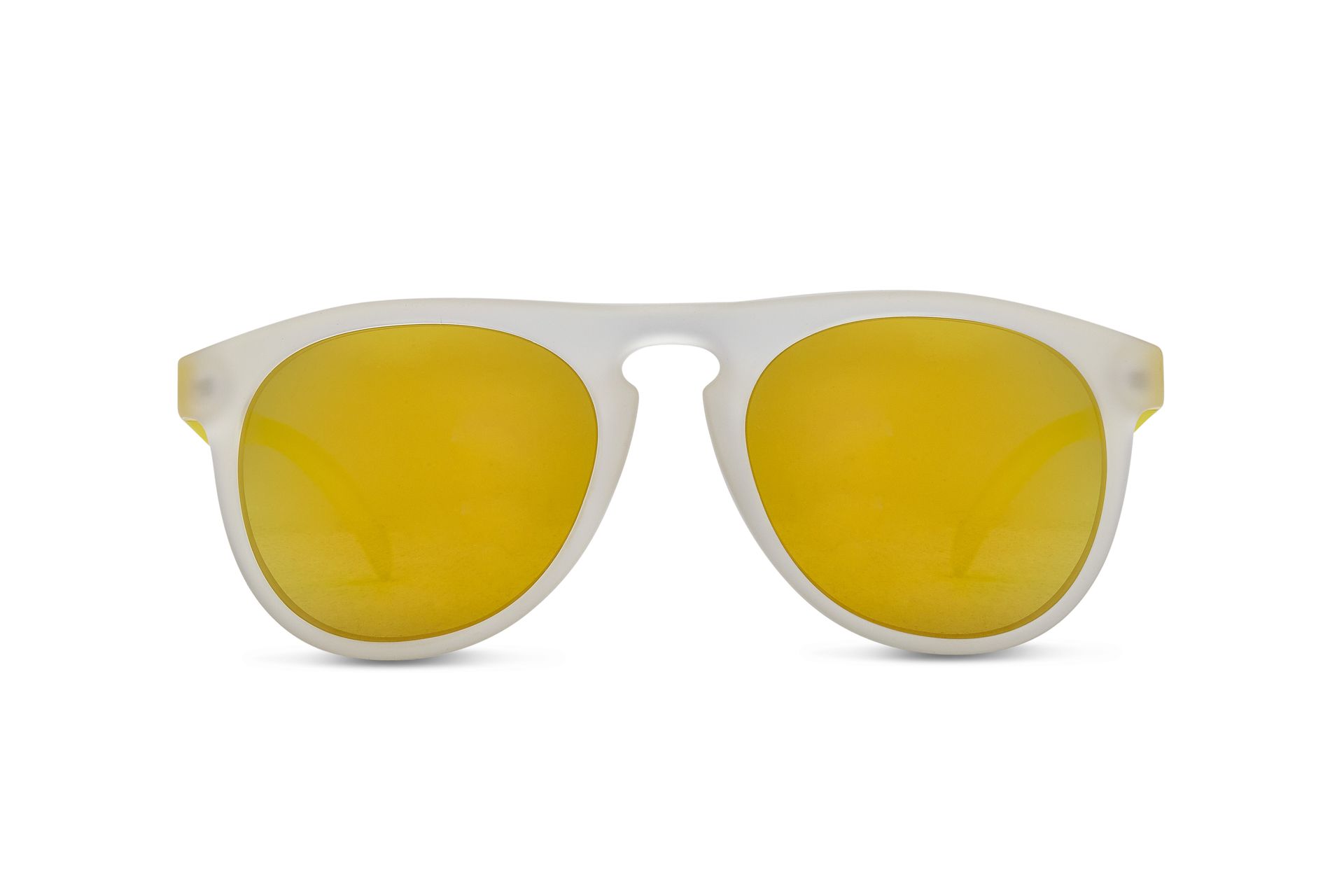 A pair of white sunglasses with yellow lenses on a white background.