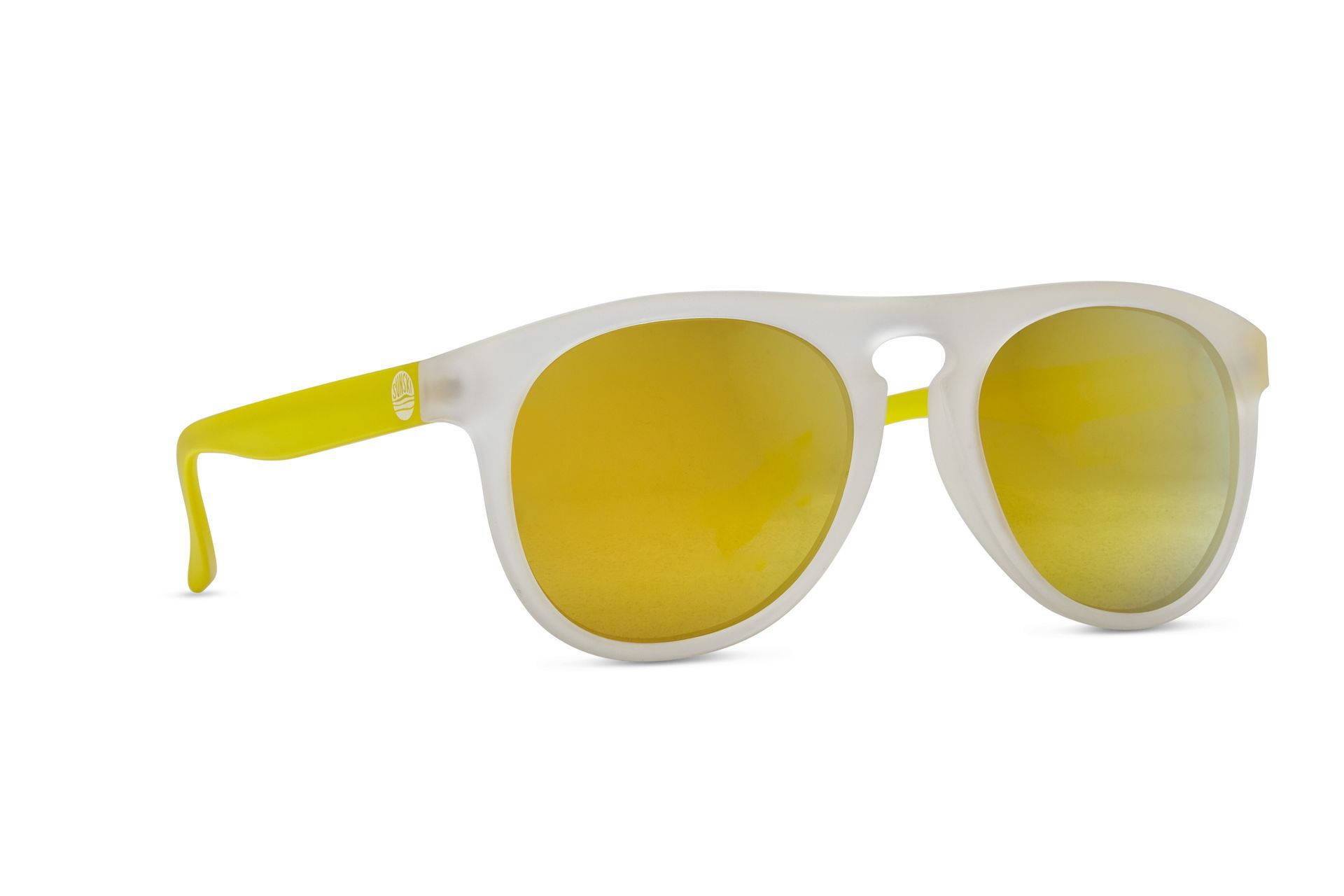 A pair of white sunglasses with yellow lenses on a white background.