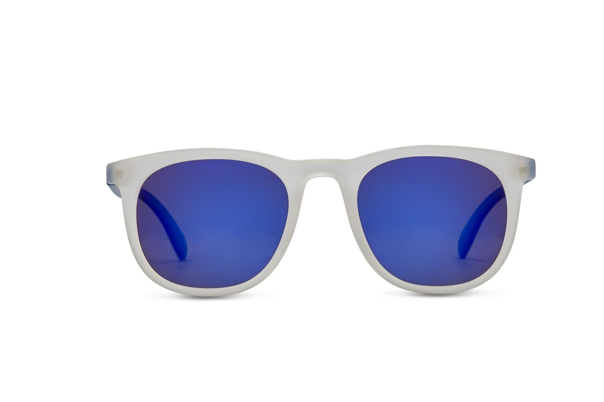 A pair of white sunglasses with blue lenses on a white background.