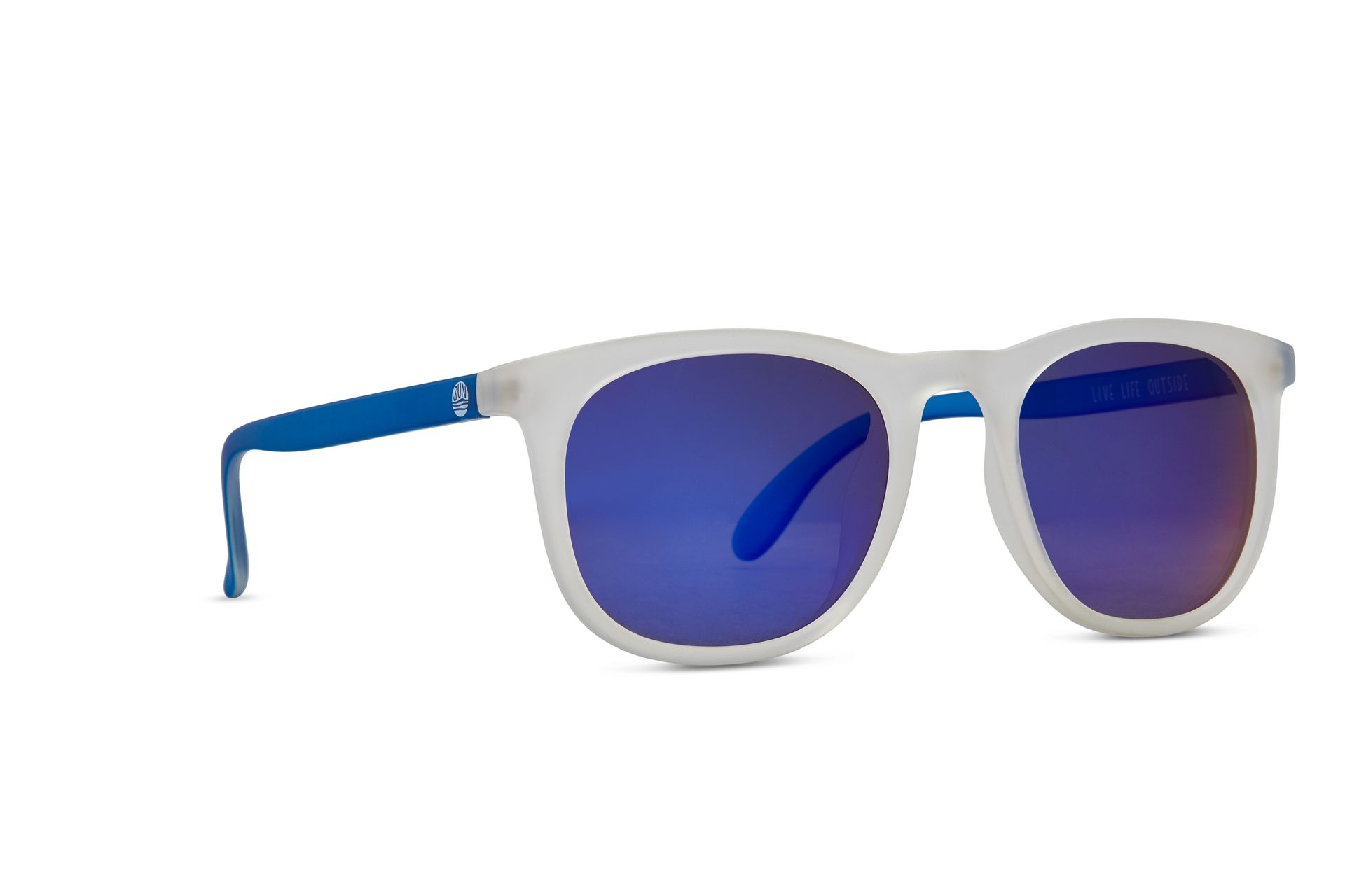 A pair of white sunglasses with blue lenses on a white background
