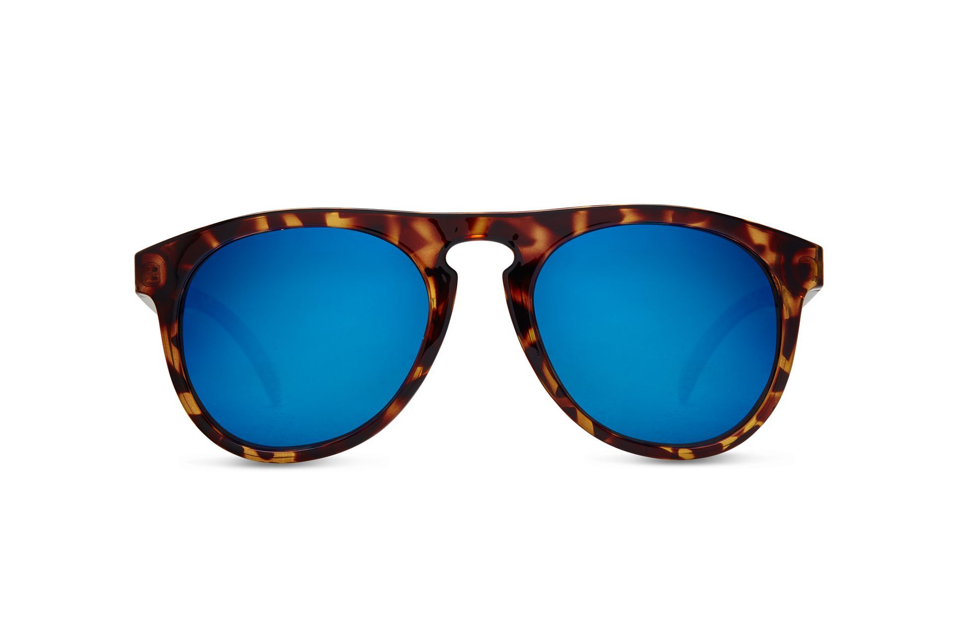 A pair of sunglasses with blue lenses on a white background.