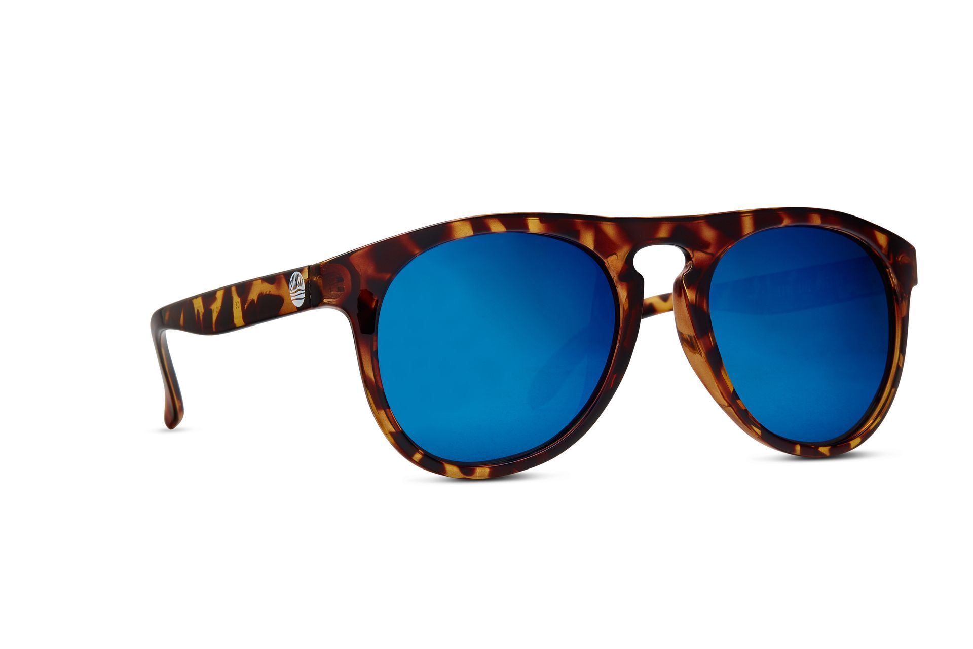 A pair of sunglasses with blue lenses on a white background.