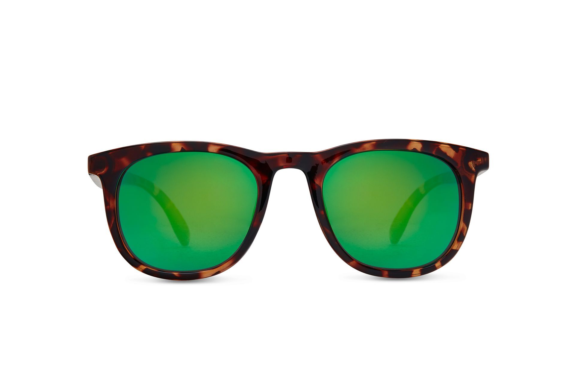 A pair of sunglasses with green lenses on a white background.