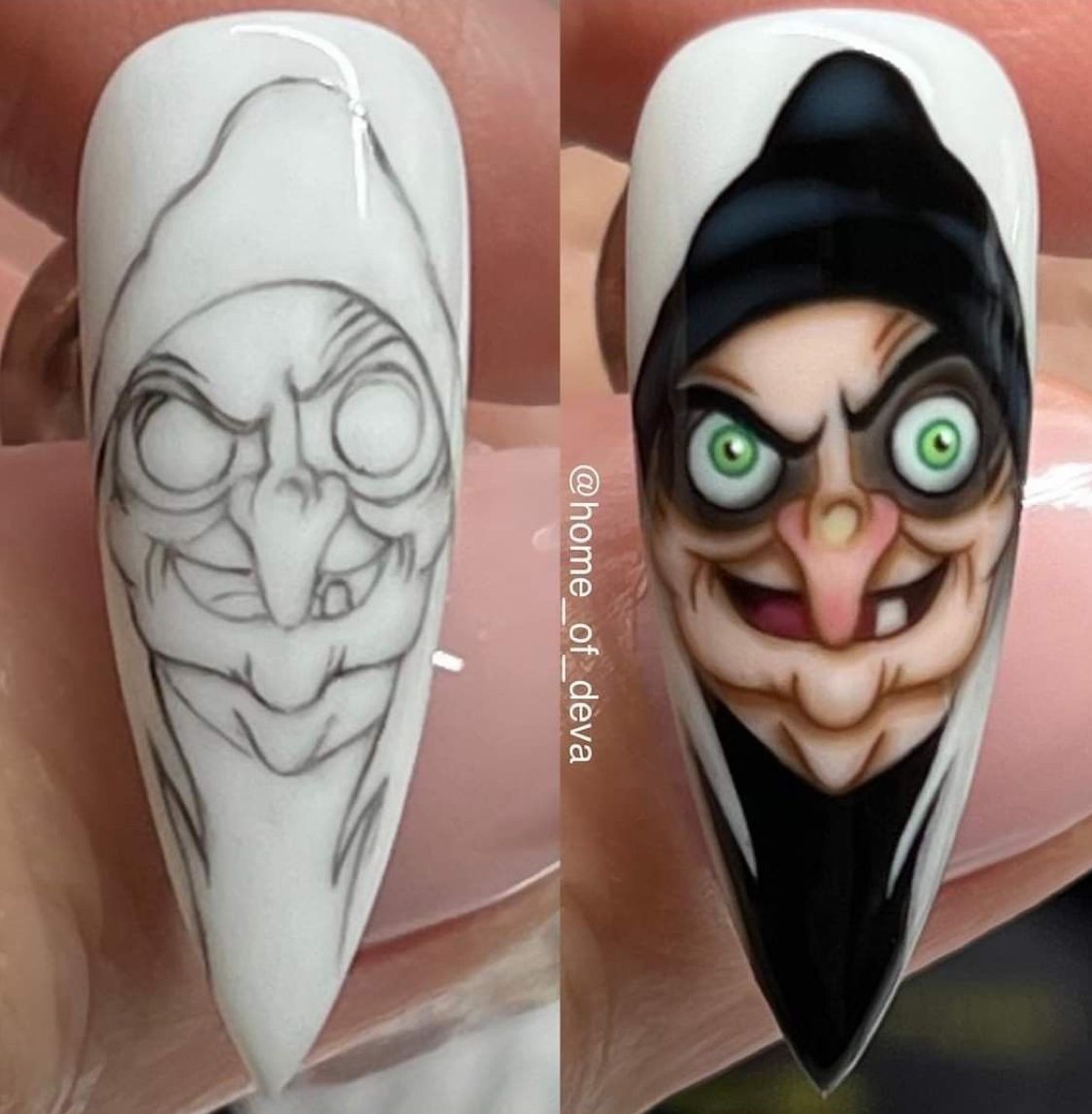 Nail art: Sketch and finished cartoon witch on a white nail with green eyes and a wicked smile.