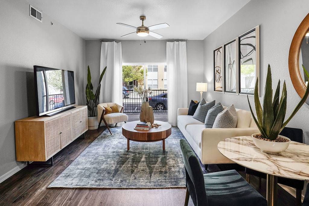 Modern apartment living room with white sofa, coffee table, TV, and potted plants.