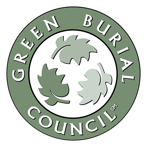 Green Burial Council logo: circular emblem with text "GREEN BURIAL COUNCIL" around three overlapping stylized leaves.