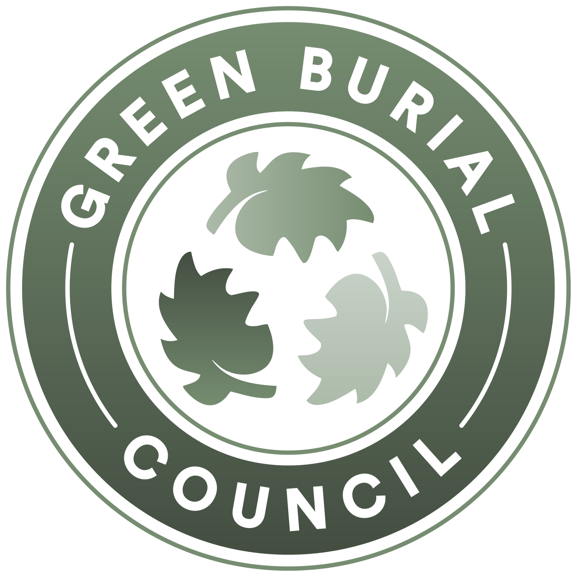 Green Burial Council logo: circular emblem with text "GREEN BURIAL COUNCIL" around three overlapping stylized leaves.