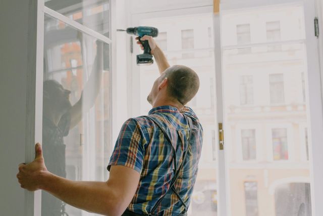 Person using a teal power drill to install a window blind in a bright room