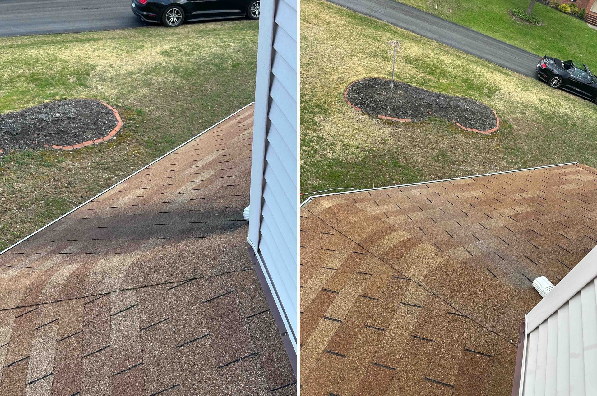 Two side-by-side porch views showing brick steps, a lawn, and a driveway with a parked vehicle.