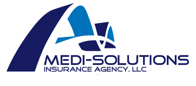 Logo for Medi-Solutions Insurance Agency, LLC: blue and white design with arched shape and text.