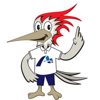 A cartoon woodpecker wearing a shirt and shorts, pointing up.